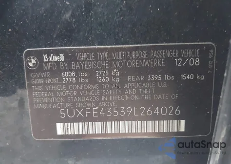 2009 BMW X5 xDrive30I z USA, uszkodzony, nr VIN 5UXFE43539L264026